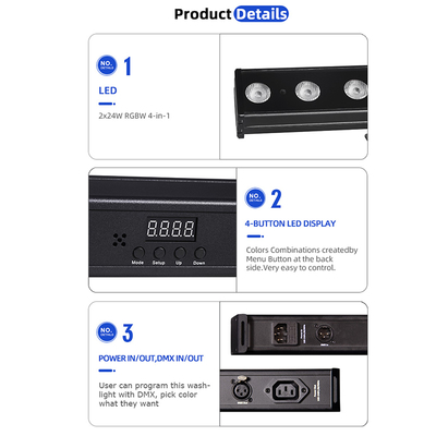 شستشوی نور IP20 DMX512 راه حل هوشمند موسیقی پیشرفته 24*2W RGBW LED چراغ های خطی میله ای واشر دیواری