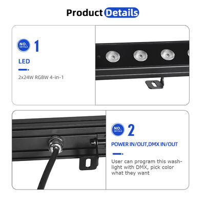 چراغ خطی LED RGBW 4 در 1 ضد آب IP65 فضای باز 2x24 وات - نور شستشوی ضد آب DMX512 برای ساختمان، پل و منظره