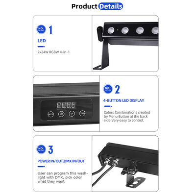 بار شستشوی LED 2x12W/24W RGBW 4-in-1 IP65 با باتری — نور شستشوی بی‌سیم DMX512 بدون سیم برای صحنه، ساختمان و رویدادها