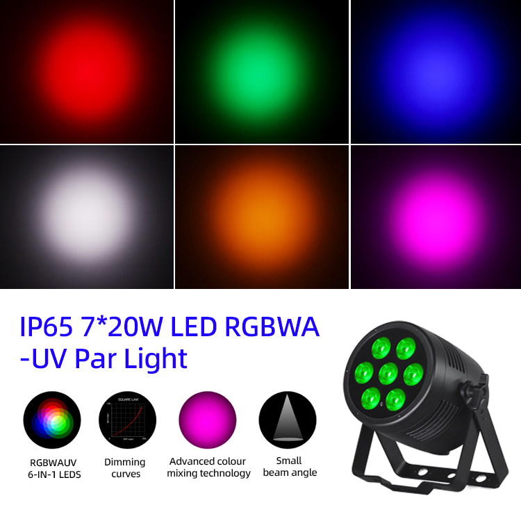 چراغ های LED Par 6 در 1 Stage Uplights 7x20W RGBWA-UV DMX512 کنترل چراغ های DJ در فضای باز برای رویدادهای عروسی، مهمانی، کلاب و دیسکو